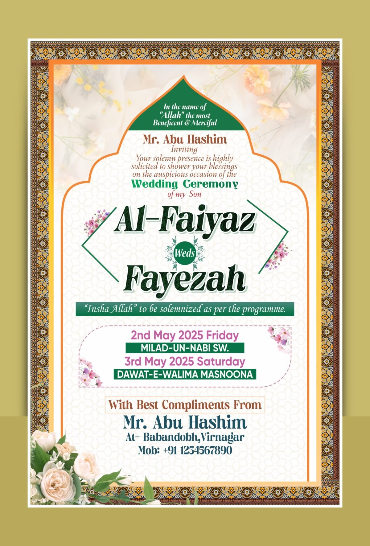 Digital Muslim English Wedding Card Template CDR PSD
