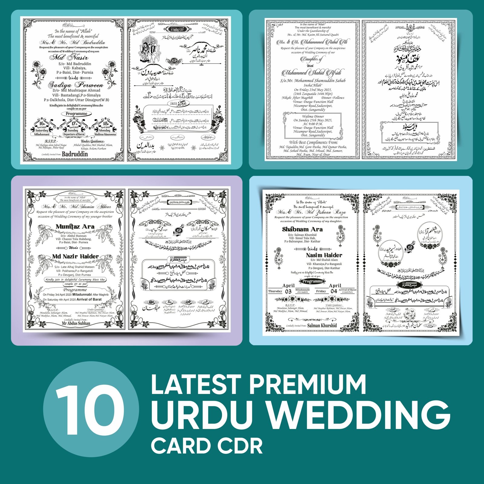 10 Premium Urdu Muslim Wedding Card Package CDR File