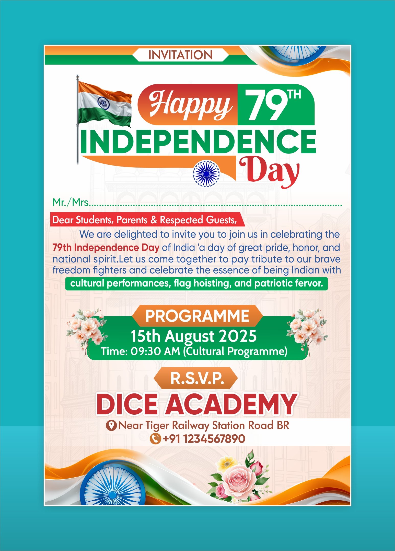 15 August Invitation Card Independence Day Invitation Card CDR PSD File | Graphics Vista