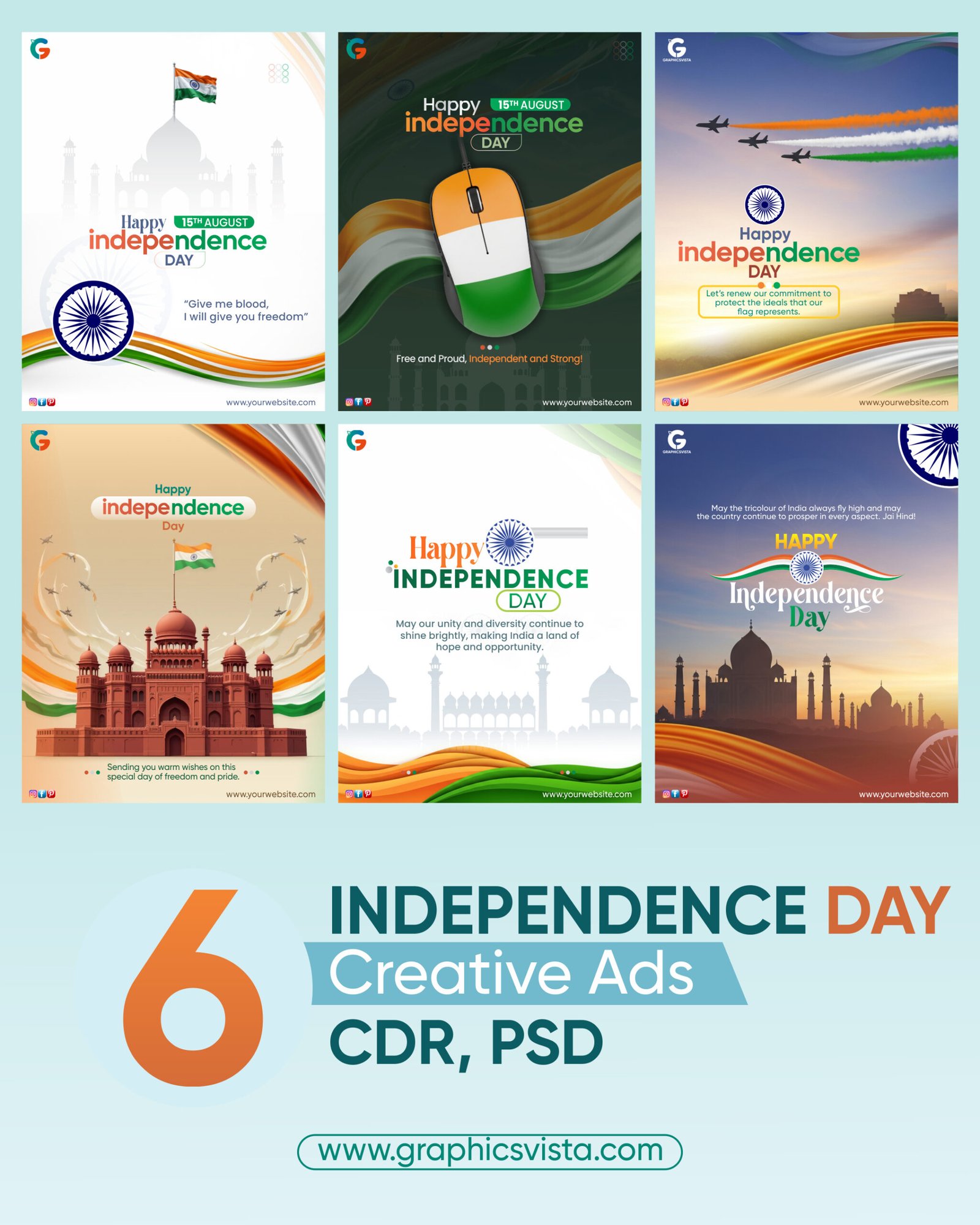 6 Premium 15th August Independence Day Social Media Ads Banner PSD CDR